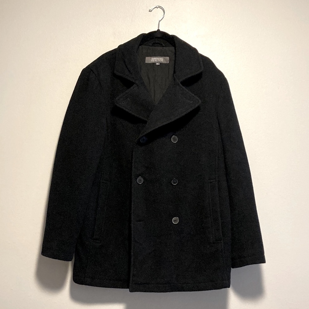 Kenneth Cole Reaction Double Breasted Coat, Size Medium, Wool Blend, Black